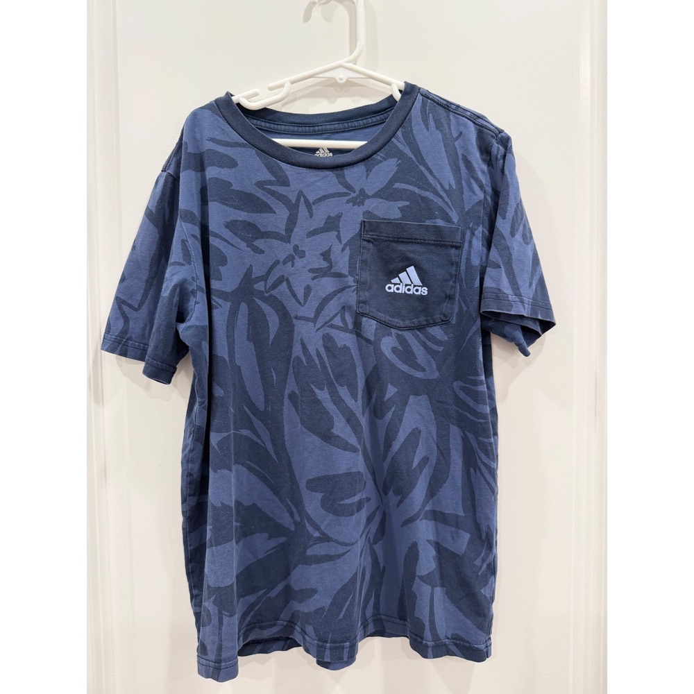 Adidas Boys Navy Blue Tropical Floral Leaf Print Pocket T-Shirt Size M 10/12